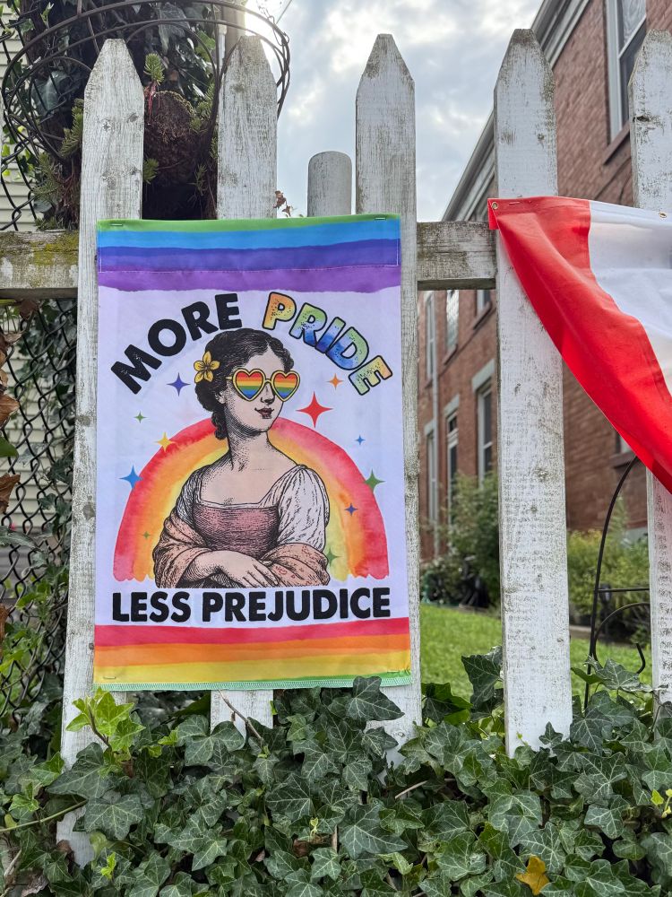 A colorful banner on a white fence shows Jane Austen with rainbow heart sunglasses and the words “More Pride, Less Prejudice” against a rainbow background.