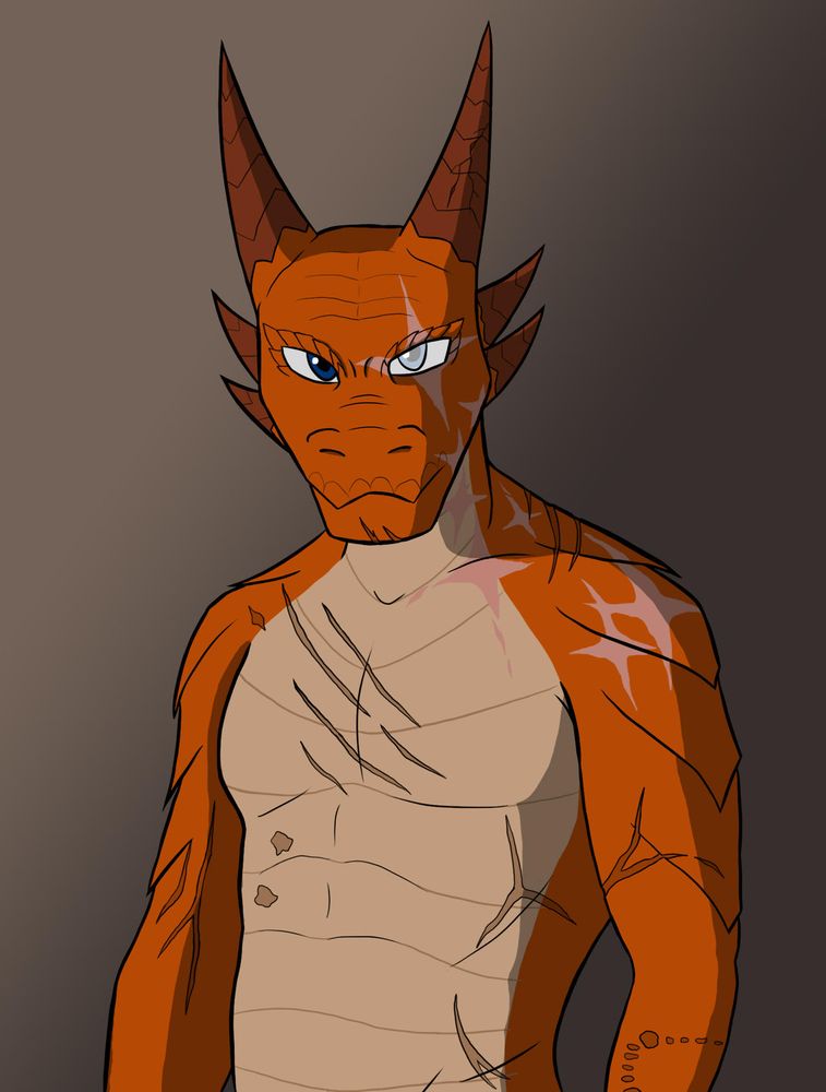 Orange Dragonborn character from D&D covered in various scars from his battles