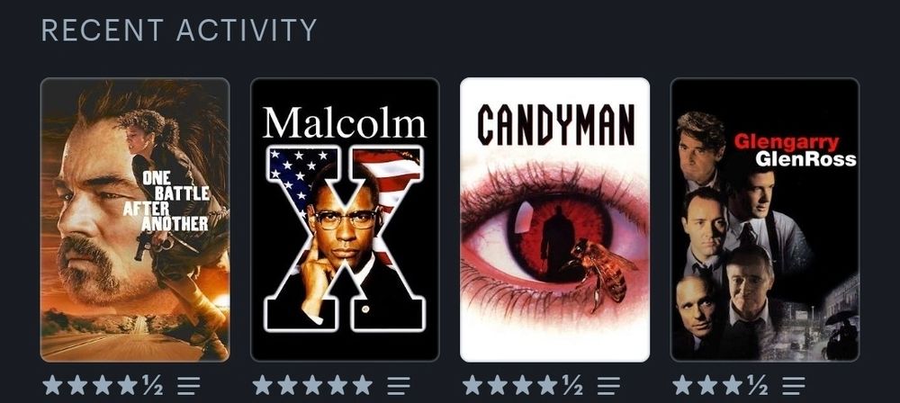 Glengarry Glen Ross - 3.5 stars
Candyman - 4.5 stars
Malcolm X - 5 stars
One Battle After Another - 4.5 stars