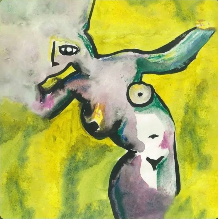 A drawn image of a naked woman in greys, whites and pinks. The background are yellows, greens and black