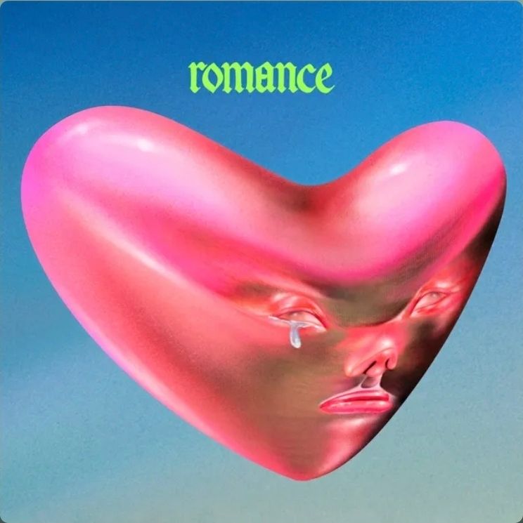 A blue sky with a pink heart with a crying face