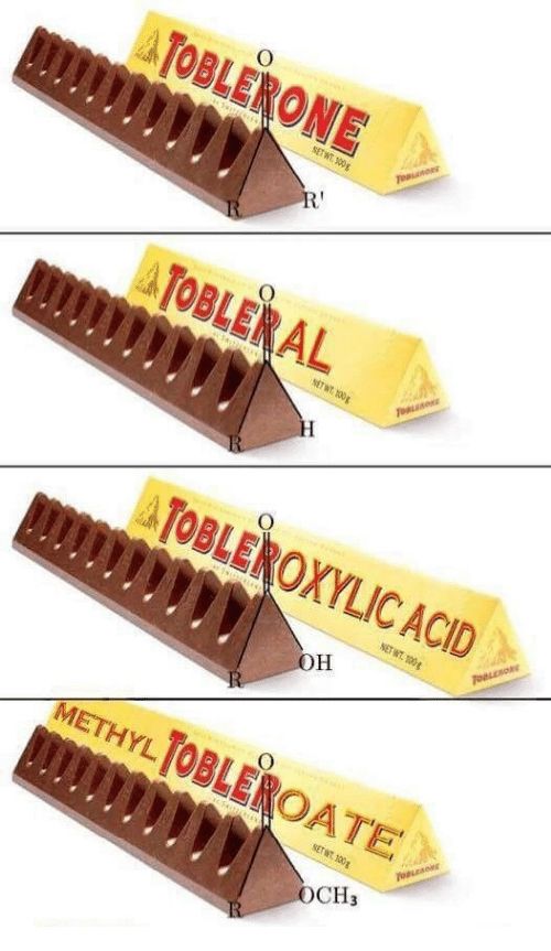 Toblerone with its less-known friends tobleral, tobleroxylic acid, and methyl tobleroate

The triangular end of each bar has a matching structural formula over it