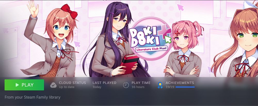 steam page for doki doki literature club plus showing playtime (16 hours) and completed achievements (19/19)