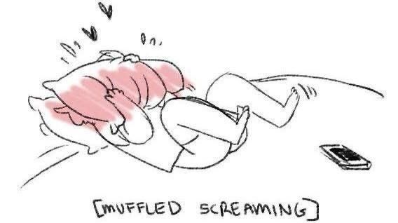 Character lying on their back, kicking their legs in the air, with a pillow clutched over their face. Lovehearts are surrounding their face. Caption reads [MUFFLED SCREAMING] 