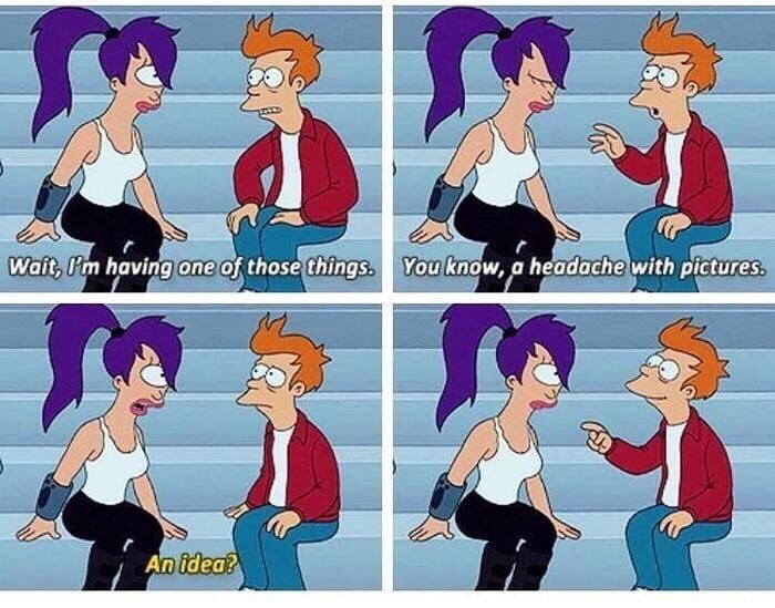 Four panels of screenshots of Leela and Fry from Futurama sitting on stairs. Panel 1, top left, Fry: 
