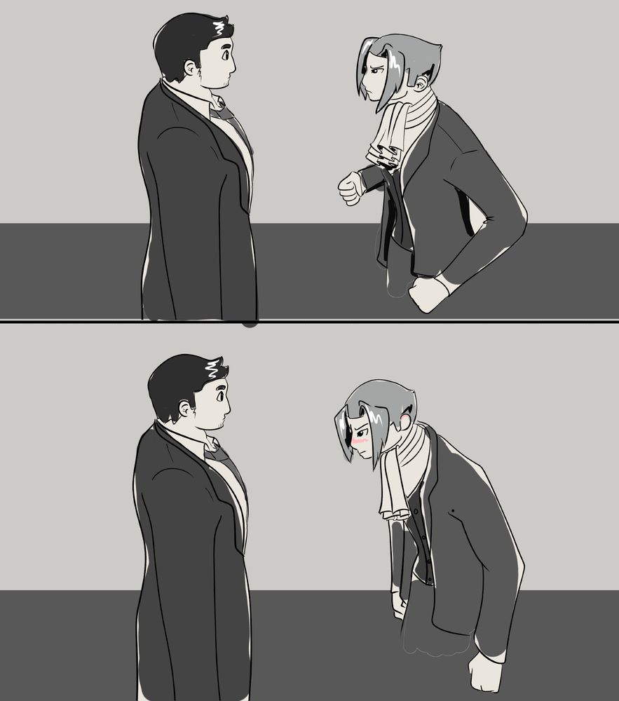 Panel 3: Edgeworth stares determined at Detective Dick Gumshoe.
Panel 4: Edgeworth blushes and looks down.