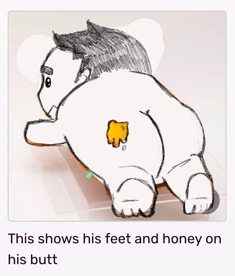 a drawing of detective dick gumshoe lying on his tummy with a yellow honey mark on his butt. the caption reads "This shows his feet and honey on his butt"