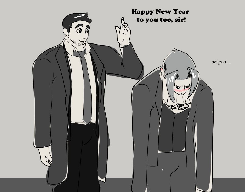Panel 5: Gumshoe waves and says, "Happy New Year to you too, sir!"
Edgeworth hangs his head and walks away, mumbling "oh god..." and still blushing.