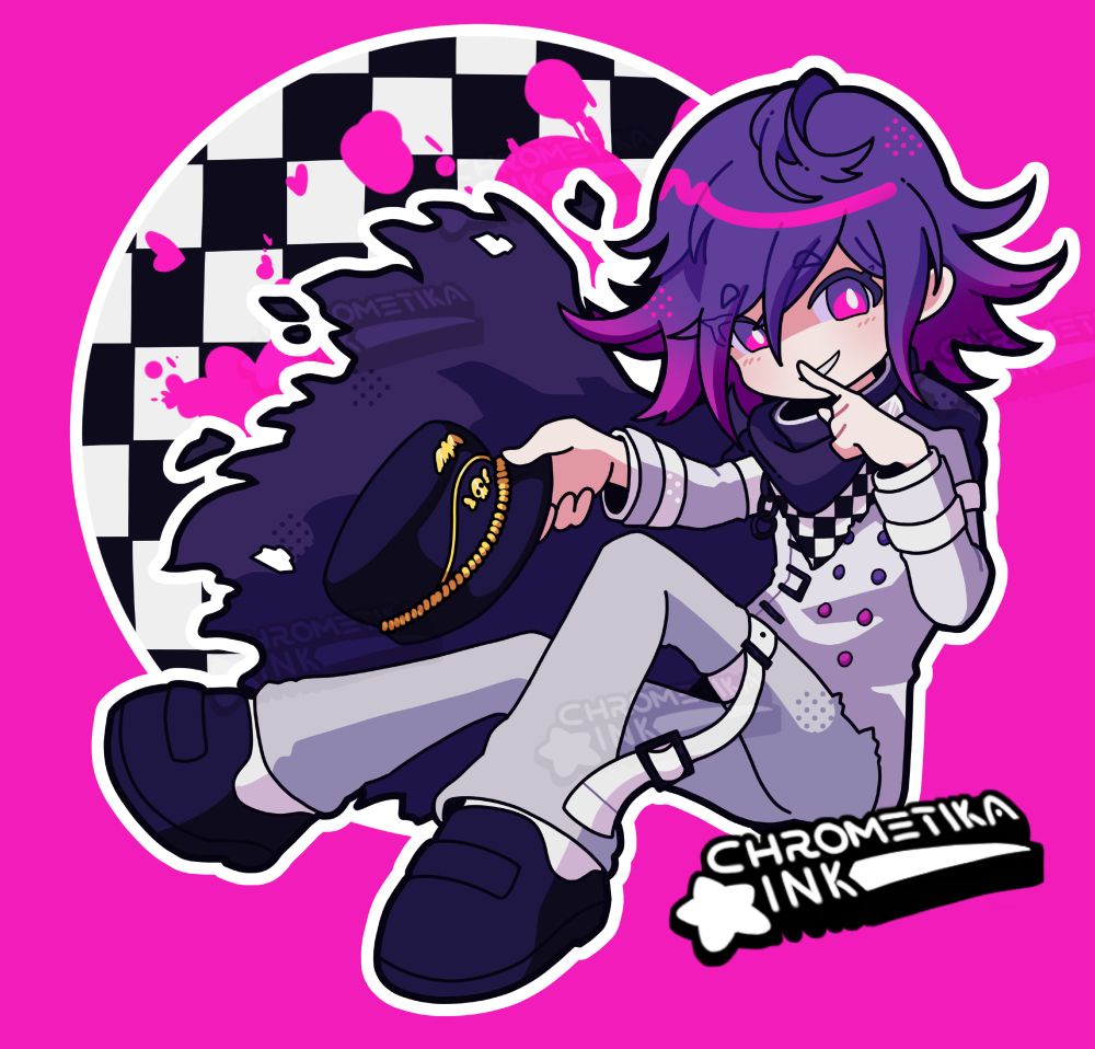 kokichi oma from danganronpa V3 sitting with a bloodied checkboard circle behind him.