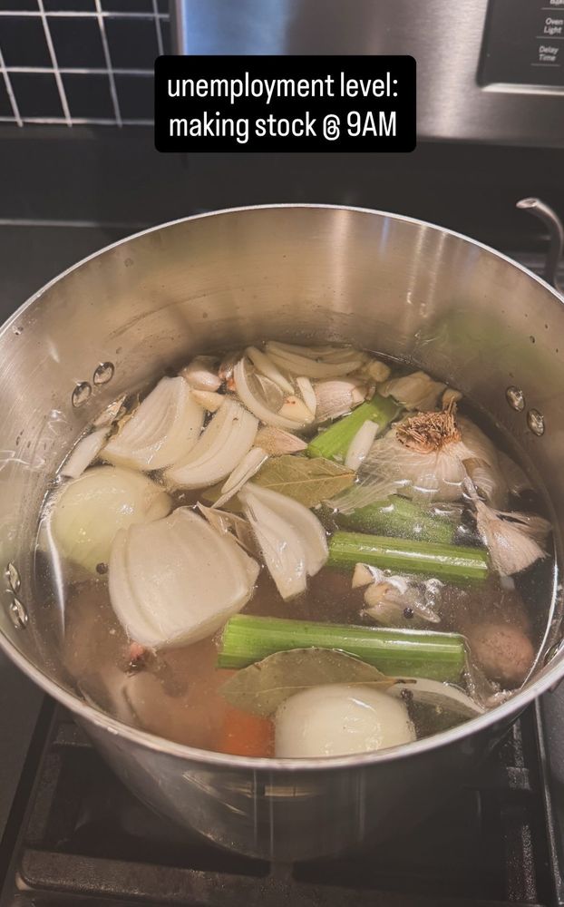 image of a pot of in-progress stock with the caption “unemployment level: making stock @ 9AM”