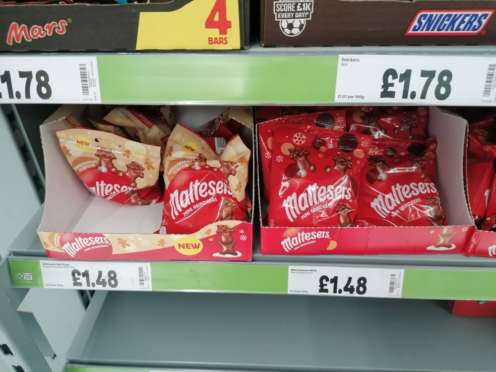 Malteser Reindeer chocolates, seen in Asda on August 8th 2025
