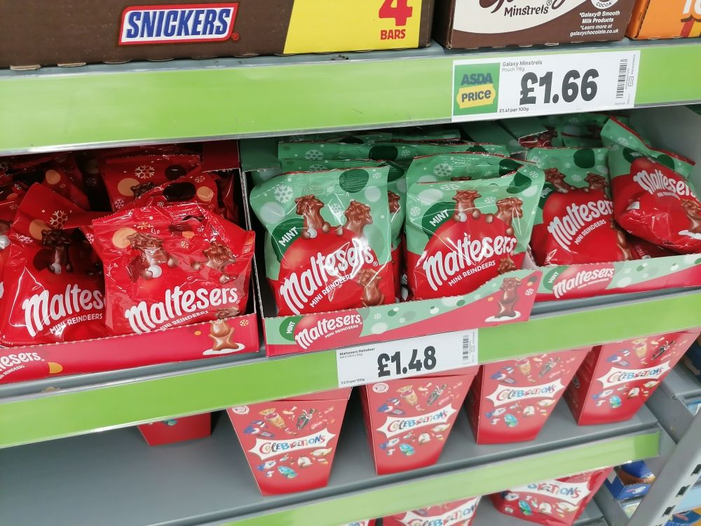 Malteser Reindeer chocolates, seen in Asda on August 8th 2025
Also visible tubs of Celebrations