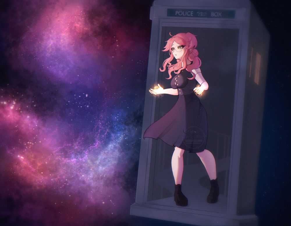A landscape image with a purple, dark blue and pink background depicting deep space. the image has a detailed version of the tardis. Roisin is wearing the 15th Doctor's costume from the reality war. she has her usual pink hair. her outfit is a custom denim skirt, she's wearing black boots and has regeneration energy emitting from her hands! 