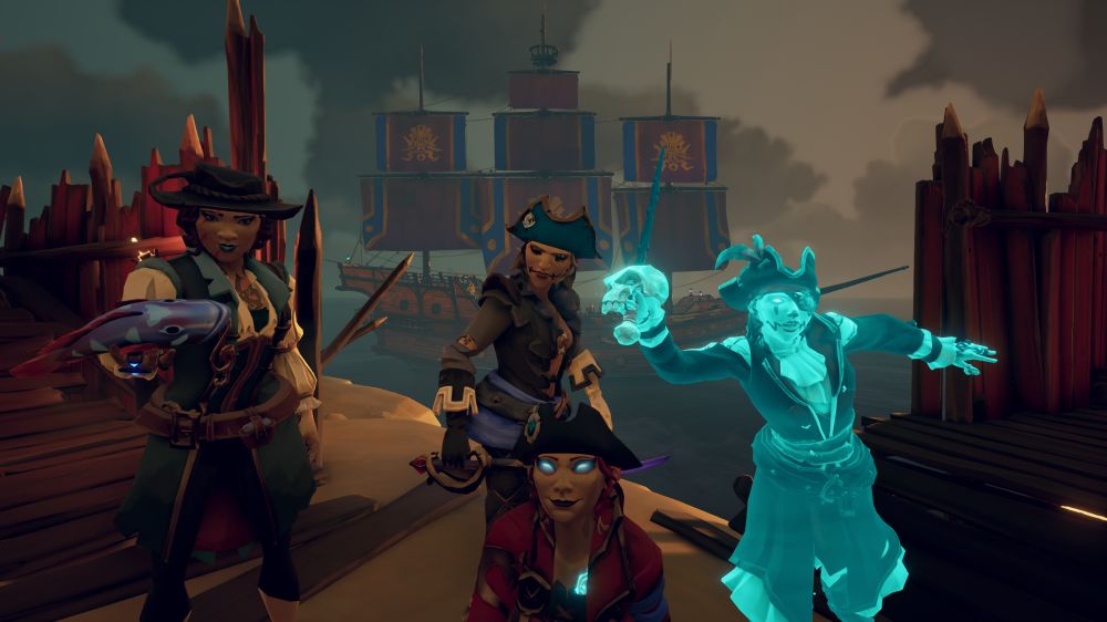 A galleon from sea of thieves with the qith blue and purple shroudbreaker sails serving as a background to 3 pirates left (SeaClues), Middle (RoisinVT) right (Amelia), Centre (Chicken). 