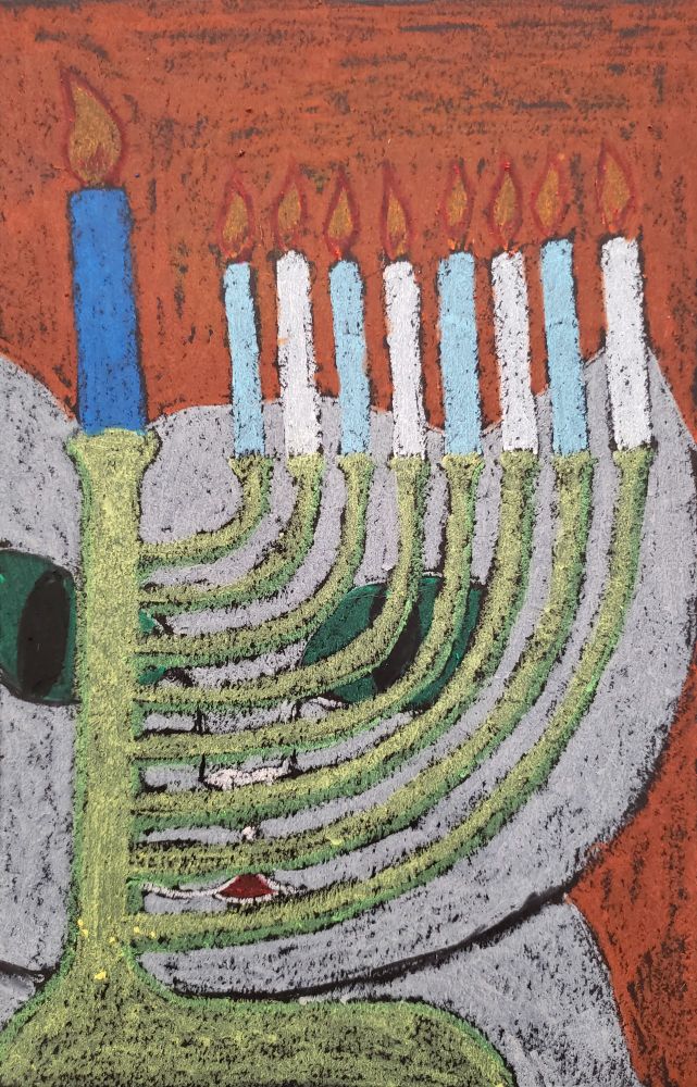 Cat staring at lit menorah in oil pastels