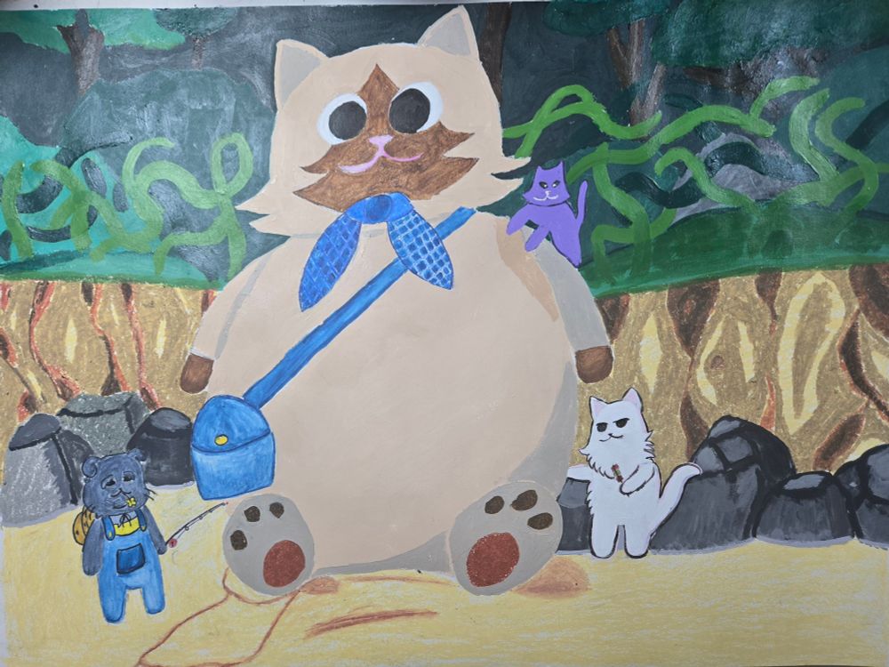 Snacko characters in the Snorlax blocks the way scene from the Pokémon show. Nobu Jr giant plush as Snorlax, main character, Nobu, and Mikan as Ash, Brock, and Misty. 