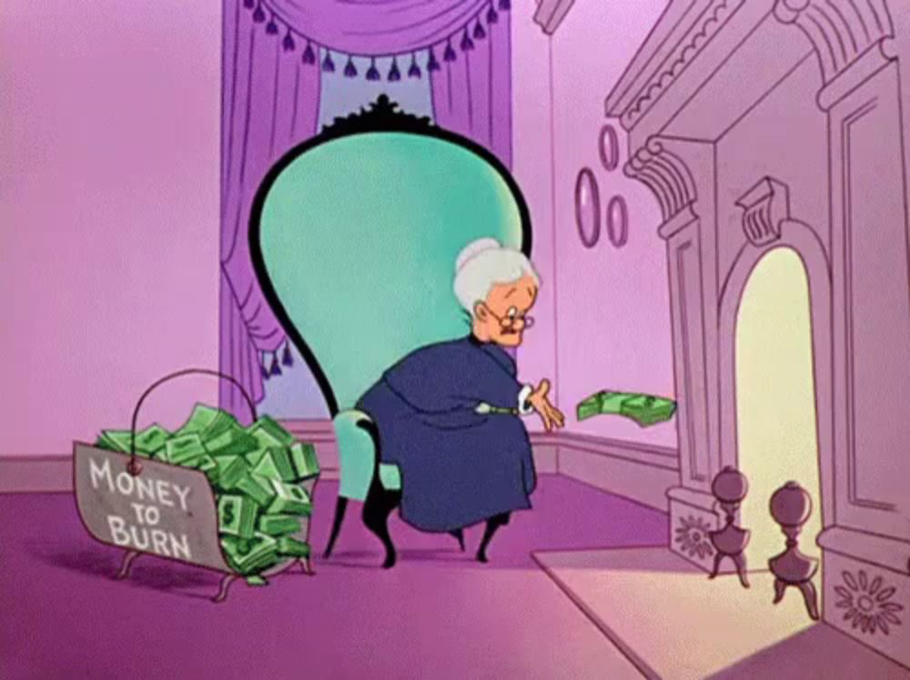 a cartoon of an elderly woman sitting in a chair next to a basket of money