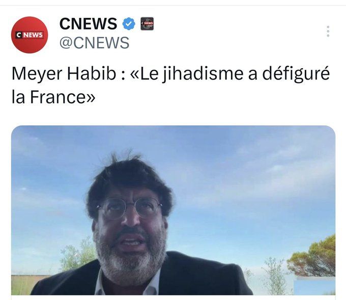 Post CNEWS dans lequel Meyer Habib déclare : "Le jihadisme a défiguré la France".