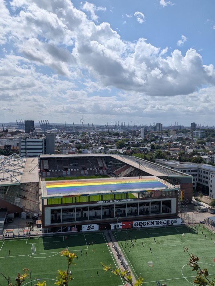 Foto des Millerntorstadions von der Terrasse des Feldstraßenbunkers, auf dem die Regenbogensonnenenergieanlage und der große "Gegen Rechts!" Schriftzug zu sehen ist  