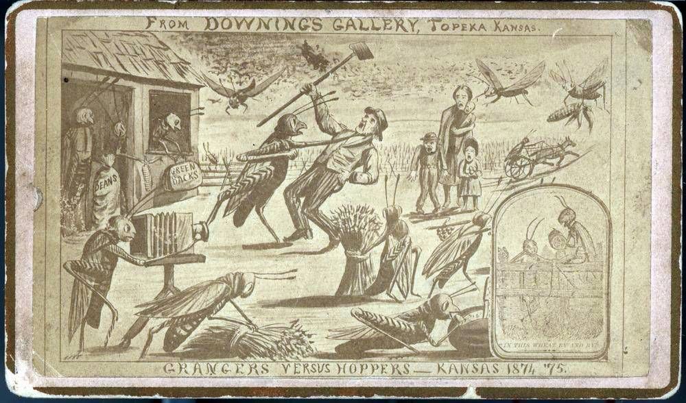 1875 cartoon by Henry Worrall showing Kansas farmers battling giant grasshoppers