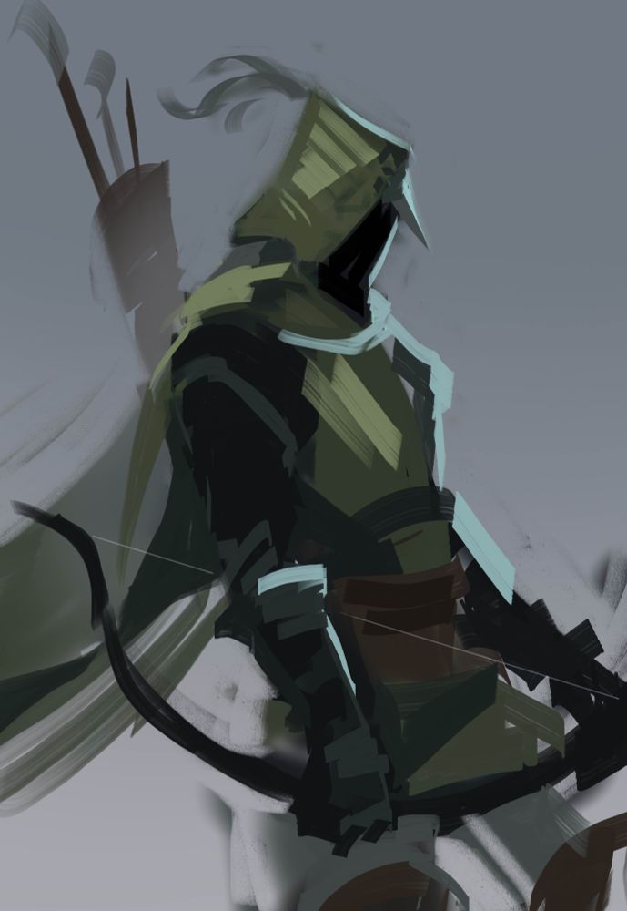 rough digital drawing of ironeye from elden ring nightreign
he's holding his bow and looking off to the side. the style of the painting is blocky and unrendered 