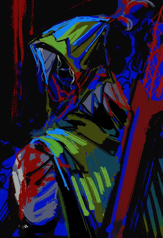 digital painting of ironeye from elden ring nightreign, the colour palette consists of saturated blues, red, green, and black. blood splatters his face and armour
