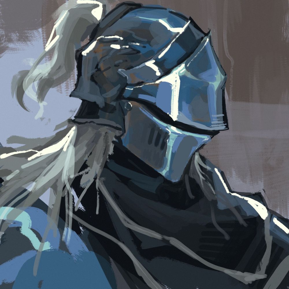 quick digitally painted headshot of my oc, the condemned
she's a knight wearing a very shiny silver helmet