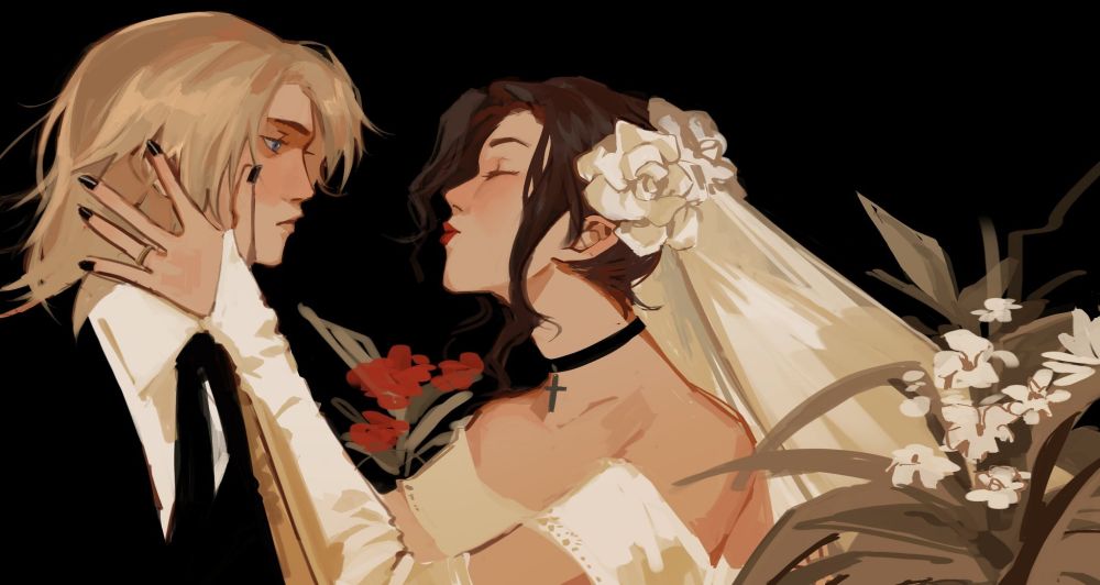 digital fanart of raiden and rosemary from metal gear solid 2. they're both wearing wedding attire, rosemary is holding raiden's face and raiden is looking at her with a blank expression (they are extremely dysfunctional) 
