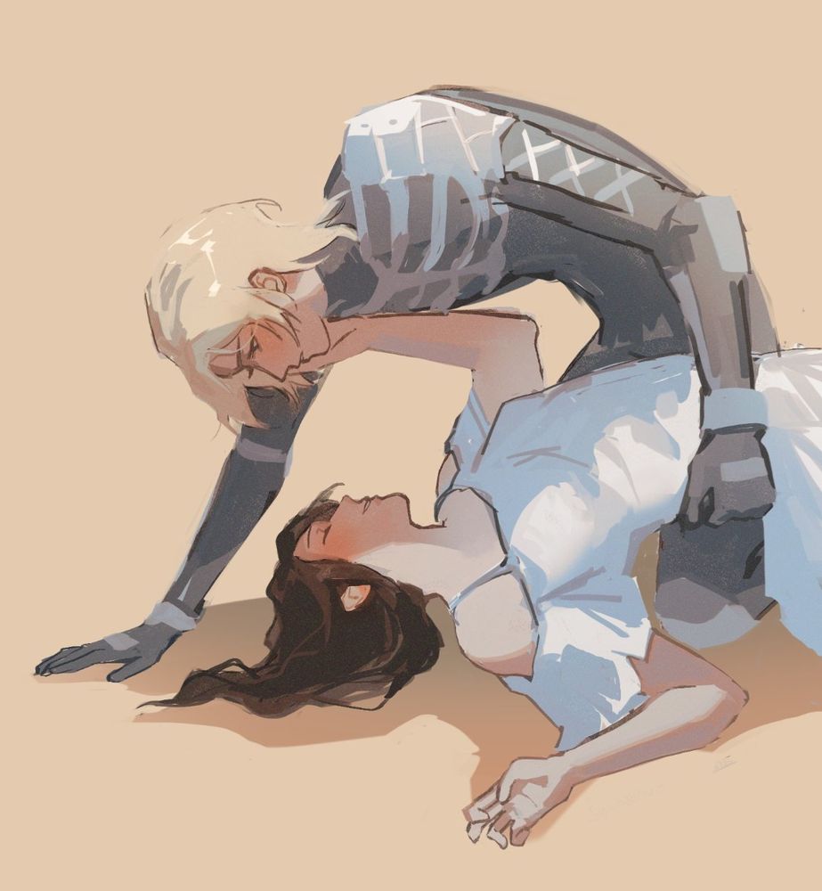 Digital fanart of raiden and rosemary from metal gear solid 2. rosemary is wearing a white dress, she is lying down and smiling. raiden is kneeling over her and grasping her torso