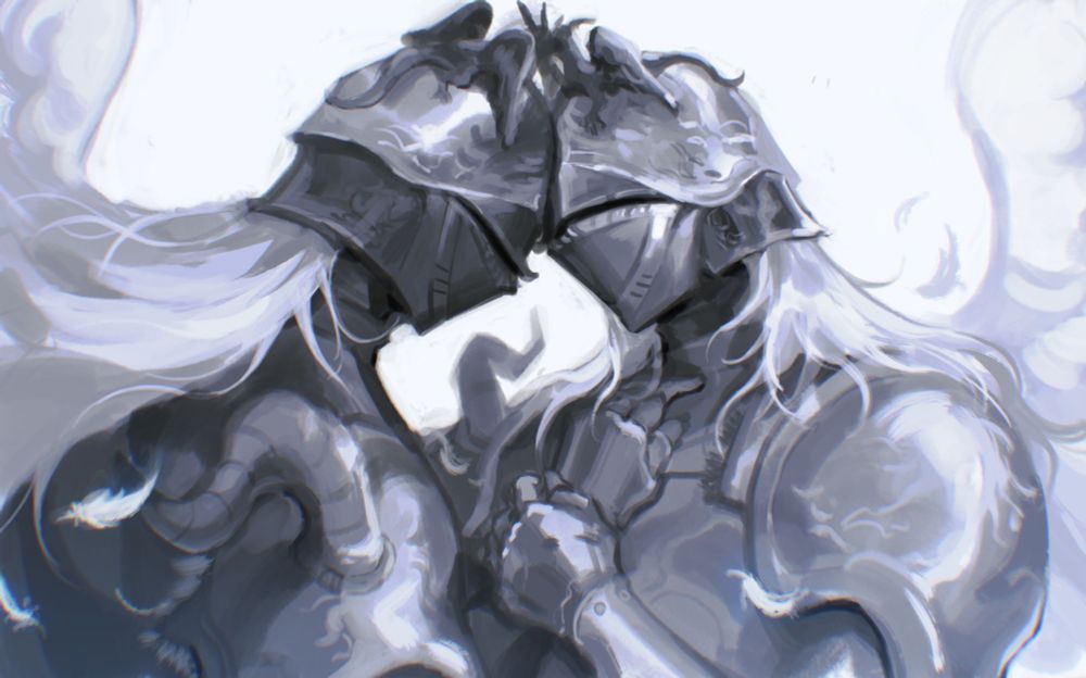 digital painting of banished knight engvall and banished knight oleg. oleg is holding engvall's hand to his chest (or the other way around if you so please) 
they are both depicted as having one wing each
