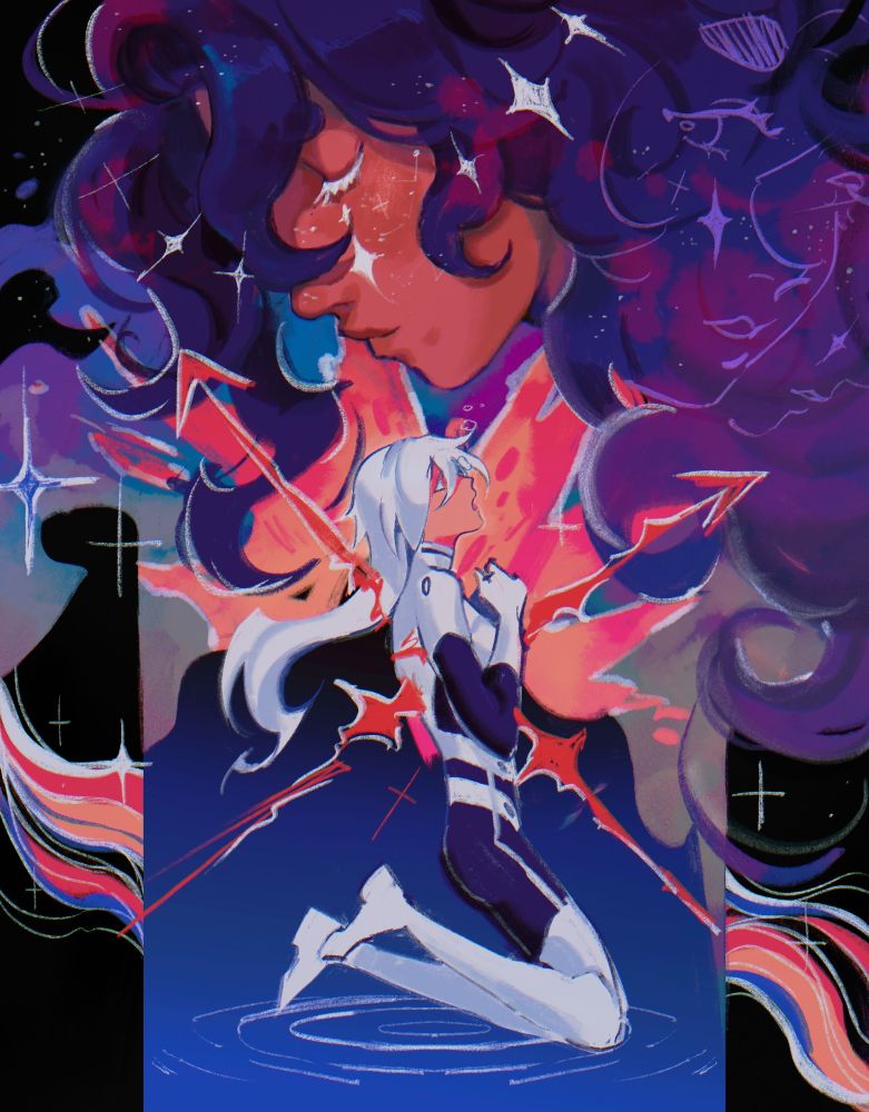 digital drawing of my ocs aeolus and lumen!
a portrait of lumen's side profile with her eyes closed. she looks serene and her freckles are stylized as stars, and her hair is also very galaxy-esque
directly underneath her is aeolus in a kneeling position, he is looking upward as a red four pointed star pierces through/erupts from him. the star also vaguely looks like clock hands. he looks pretty distressed and overall not having a good time 