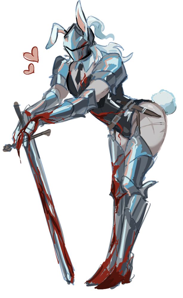 digital drawing of my oc, the condemned, in a bunny suit with armoured greaves and gauntlets. he is holding a sword which is bloodied, certain parts of her armour and clothing are also splattered with blood. despite this he is looking cute as hell!!!