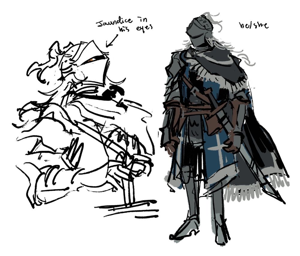 Two digital sketches of my oc, the condemned! (he/she)
One of the sketches is a fullbody showing her design. He is wearing armour with a black scarf/cape over it. The colour palette of the design is dark blue, white, black, and silver.
The other sketch is uncoloured and shows that her eyes are very yellow under the visor. An arrow pointing to his head reads "jaundice in his eyes"