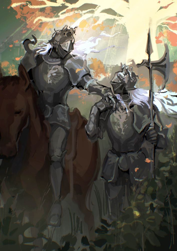 Digital painting of Banished Knight Oleg and Banished Knight Engvall in Limgrave. Oleg is mounted on a horse, Engvall is holding his hand to his helmet as if to kiss it. The Erdtree stands tall and golden behind them. 