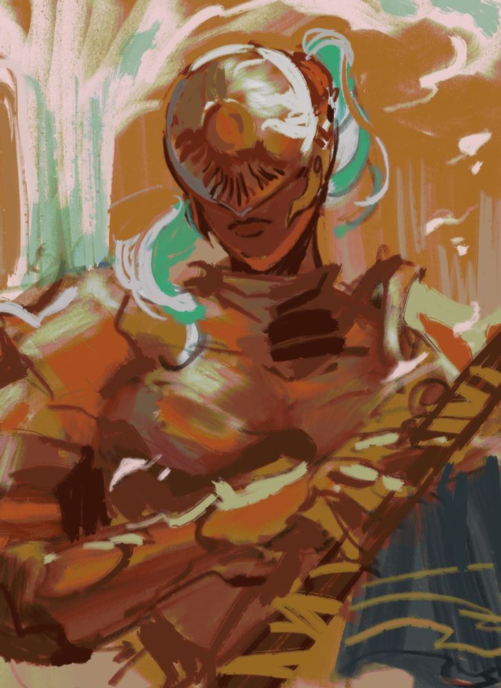 digital painting of executor from elden ring nightreign. the colour palette is a vibrant orange, white, and a pale cold green. the erdtree shines in the background