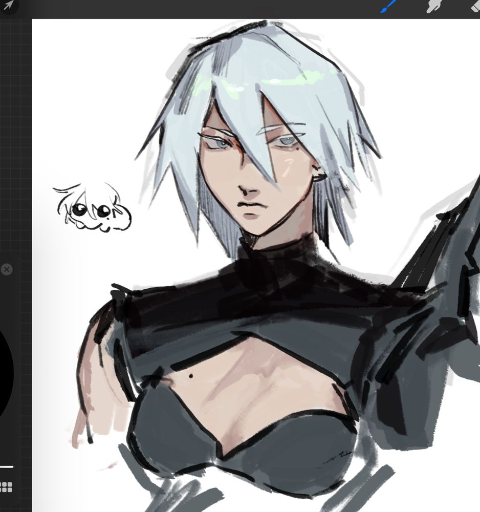 A drawing of my oc, Exile, with a doodle of autistic creature aeolus to the side. Exile is identical to Aeolhs but with shorter, spiker hair. He also has a boob window for my self indulgence despite the absence of cleavage 