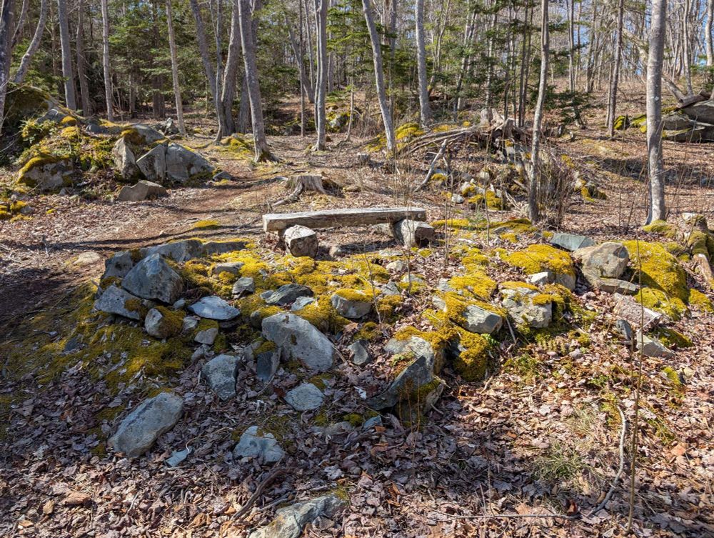 Bench made of logs on a mossy rocky ledge by the trail