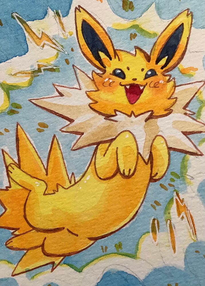 A Jolteon (a yellow spiky creature resembling a cat or fox) is in a jumping Pose in front of a blue backround. Theyre surrounded by electric sparks and look cheeky.