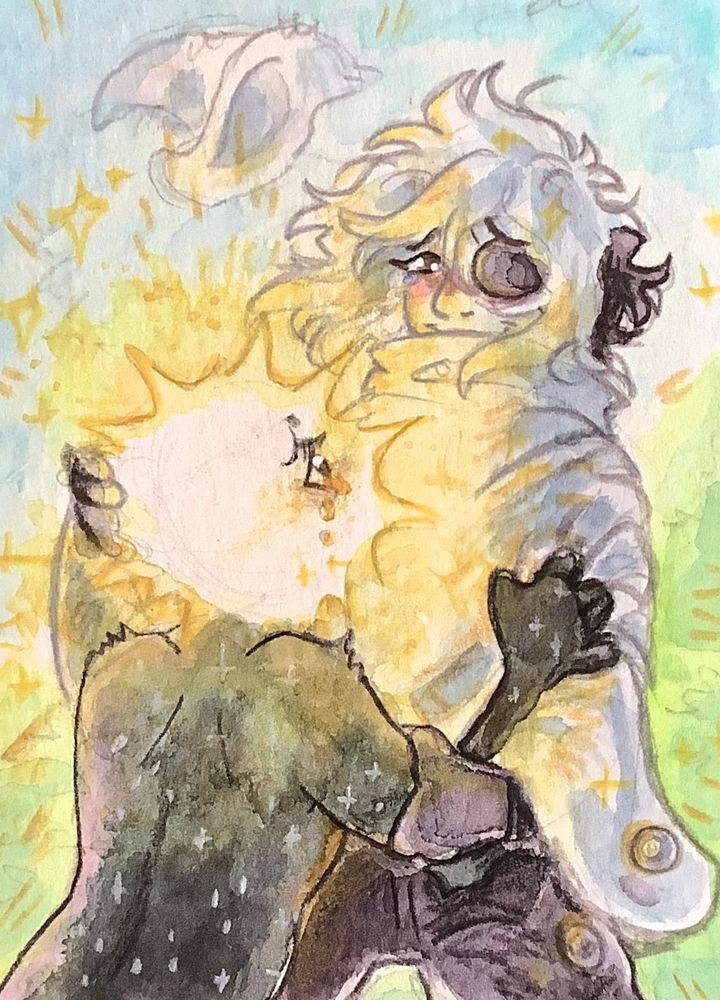 Watercolor painting of Loop and Siffrin from the Game In Stars and Time.
Loop, a humanoid with a golden glowing starhead, is kneeling, crying and clinging to Siffrins Cape. Siffrin is a Person with messy short hair, who looks very tenderly at Loop, Holding their face in one hand and Loops arm in the other. The characters are Otherwise painted in greyscale, with the backround being soft Greens and Blues hinting a nature backround. 