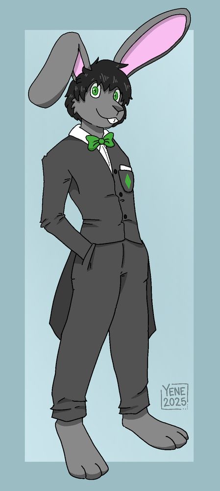 an anthropomorphic gray rabbit wearing a black suit