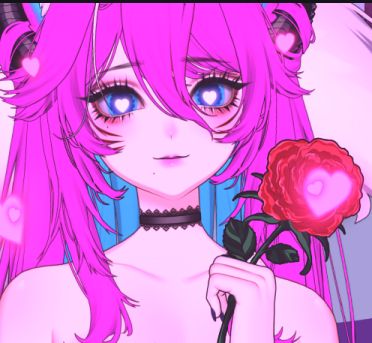 Vtuber with Heart Eyes and a Rose in the Hand. Has Pink and Cyan Hair, a white Heart pupil and blue Eyes! She is a scary Monster with Horns and wearing a black choker, the rest of the Summer Outfit is sadly cut off. 