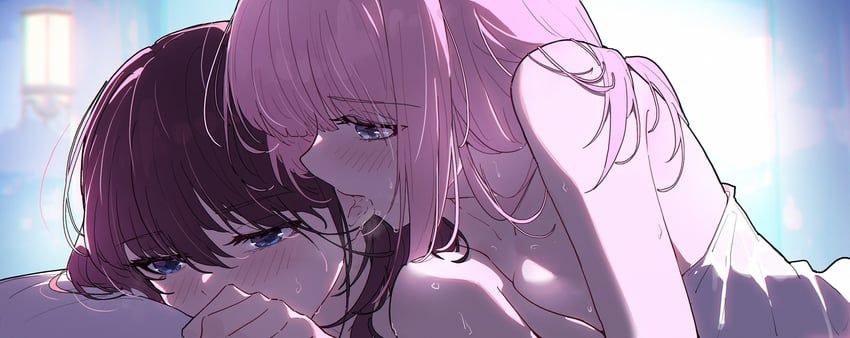 source: https://www.pixiv.net/en/artworks/133415338

there are two girls drawn laying in bed. a girl with long brown hair is being pinned down by a girl with long pink hair. the girl on top is pressing her breasts down on the other girl's back as she's leaned into her ear, biting it. the other girl is blushing slightly and accepting it, reluctantly. 