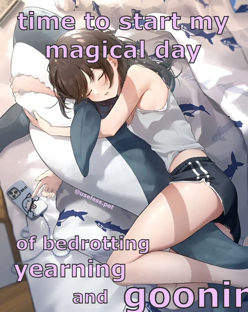 a girl is drawn cuddling her blahaj in her shark themed bed. she's asleep and her phone is next to her hand as she rests her head on top of her plush. her arm under their fin and her leg wrapped around their lower body. she's wearing athletic shorts and a white tank top and sports brown hair.

source: https://x.com/vegetablenabe?lang=en