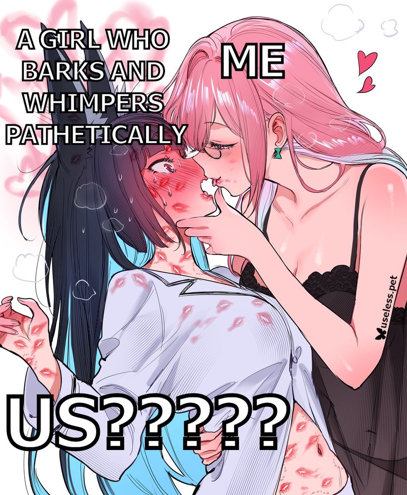 source: https://www.pixiv.net/en/artworks/132926630

two girls are drawn in their sleep wear and are sharing a very intimate and sexy moment together. the girl on the right has long pink hair, half circle glasses, green earrings, and is wearing a black babydoll sleeping gown that's sheer and revealing her black panties underneath. the other girl is sporting black hair with light blue highlights underneath, has long ears pointy ears like a wolf, and is wearing a button up long sleeve sleeping gown shirt. the entirety of her body and some of her sleeping gown is covered in kisses. it's unbutton to reveal her tummy has bites and kisses all over as well. the girl with pink hair is caressing the other girl's chin while sticking her tongue out as she's leaning into give her more kisses. the other girl is completely flustered, mouth agape as she's being cherished and kissed without a sign of rest