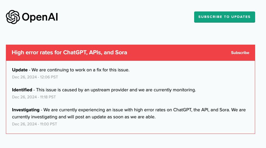 screenshot of the openAI status page, showing a major outage of ChatGPT