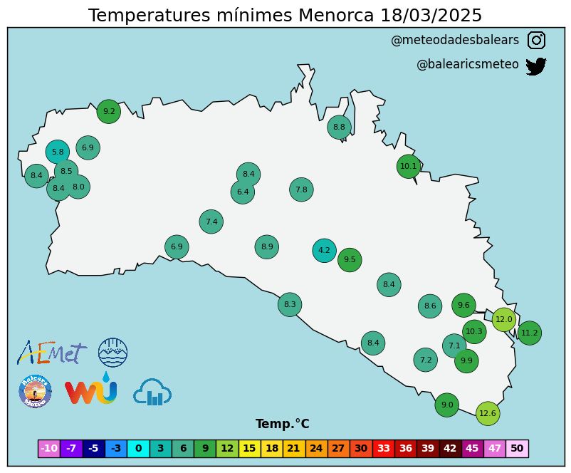 Mapa de Mínimas Temperatura en Menorca