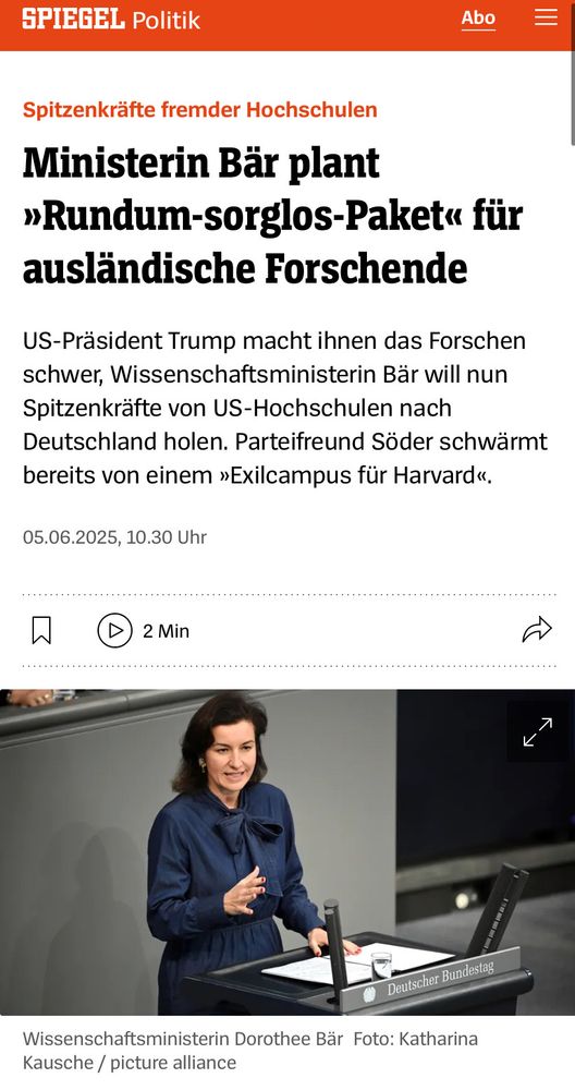 Überschrift von Spiegel Online: "Ministerin Bär plan "Rundum Sorglos Paket" für ausländische Forschende. 
