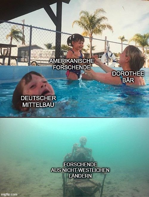 Swimmingpool-Meme: Eine im Pool schwimmende Frau (beschriftet mit Dorothee Bär) streckt einladend die Arme nach einem Kleinkind aus (beschriftet mit amerikanische Forschende). Daneben treibt ein weinendes Kleinkind im Pool und droht zu ertrinken (beschriftet mit Deutscher Mittelbau). Auf dem unteren Bild sitzt ein Skelett auf dem Meeresgrund, beschriftet mit Forschende aus nicht-westlichen Ländern.