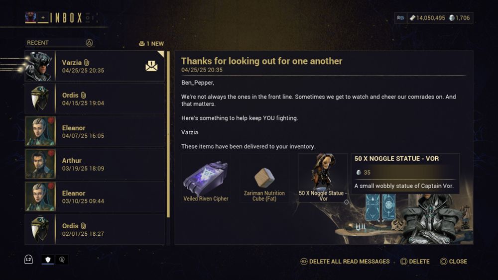 Warframe inbox message showing the 3 twitch drop items from the dev stream