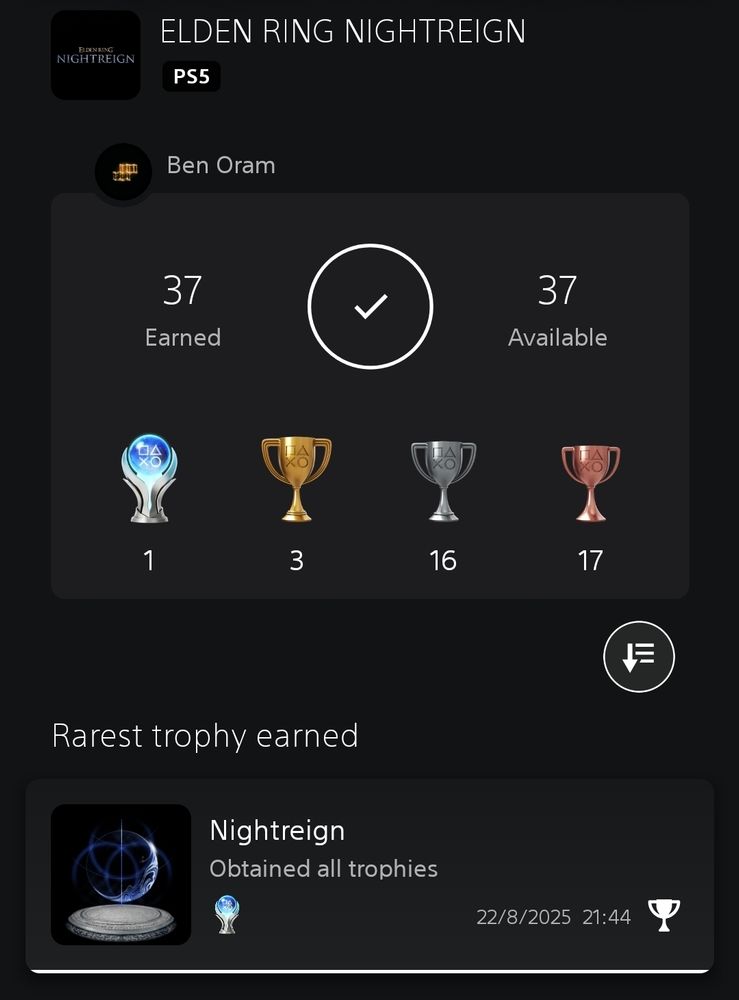 Screen grab of my PlayStation trophy page showing I achieved the Platinum trophy in Elden Ring Nightreign 
